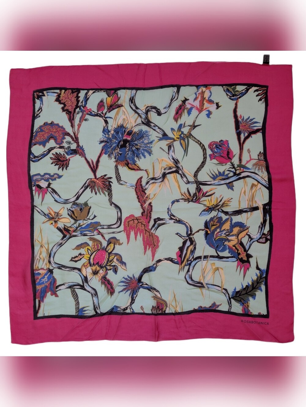 ROSABOTANICA (BALENCIAGA) Fuchsia Pink Floral Sheer Silk Scarf 25" Excellent